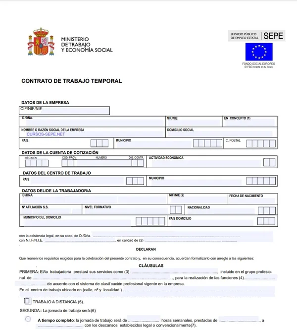 Ejemplo oficial de contrato temporal de obra y servicio en España.